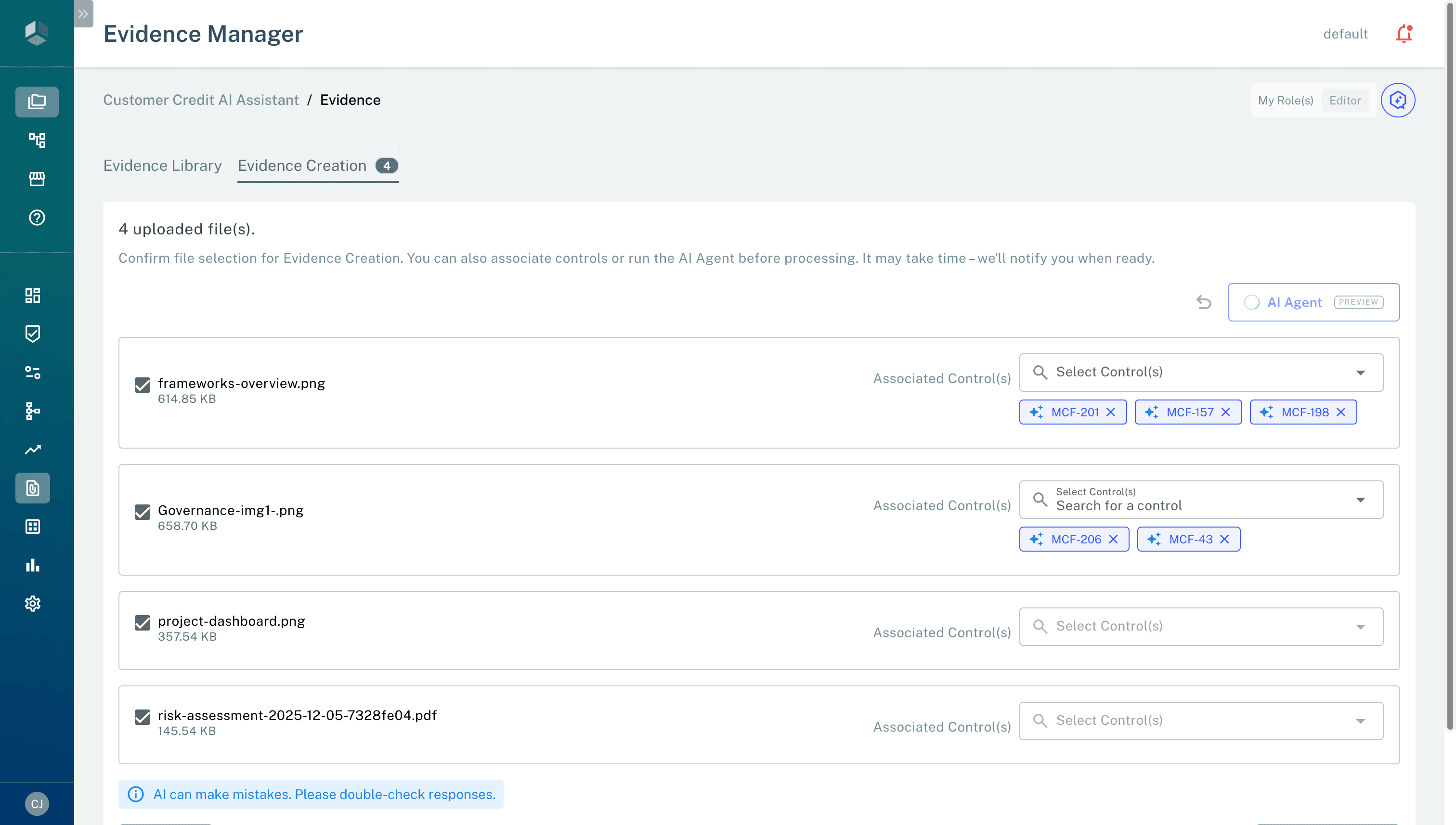 Evidence upload with AI-suggested metadata