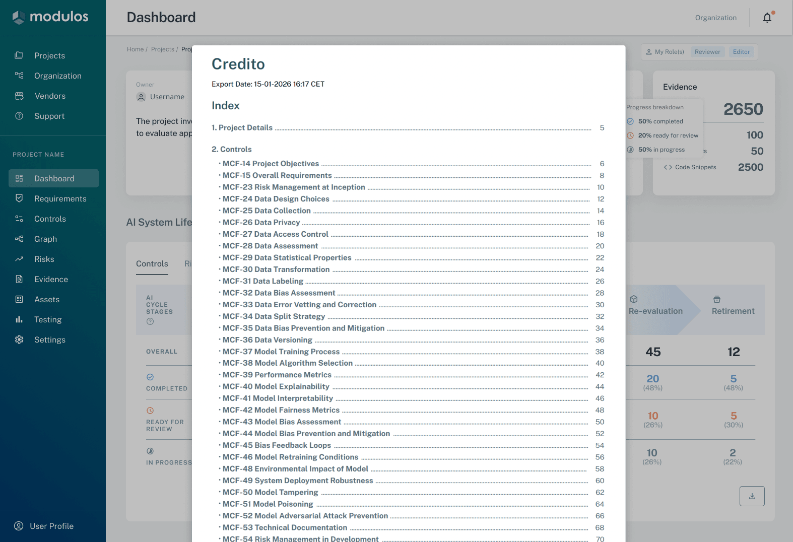 Export dialog with audit package options