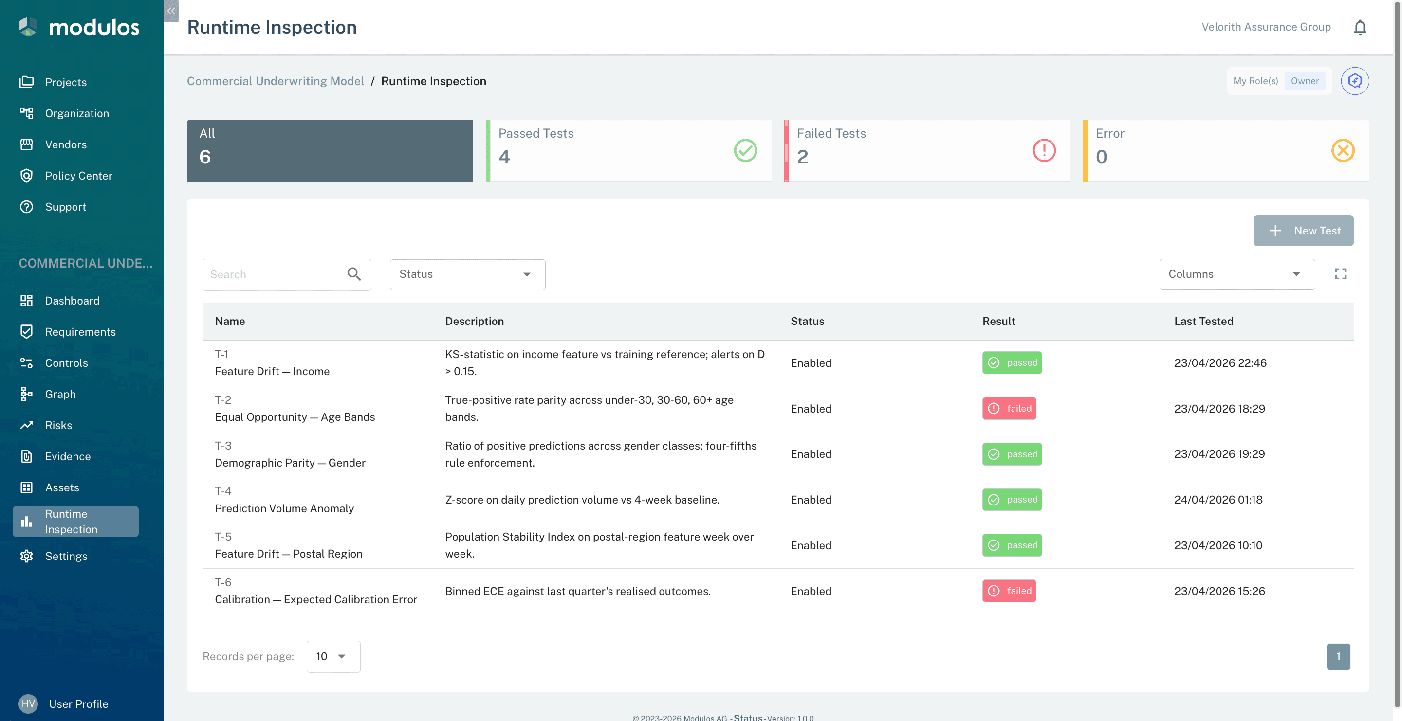 Control detail showing linked runtime test results
