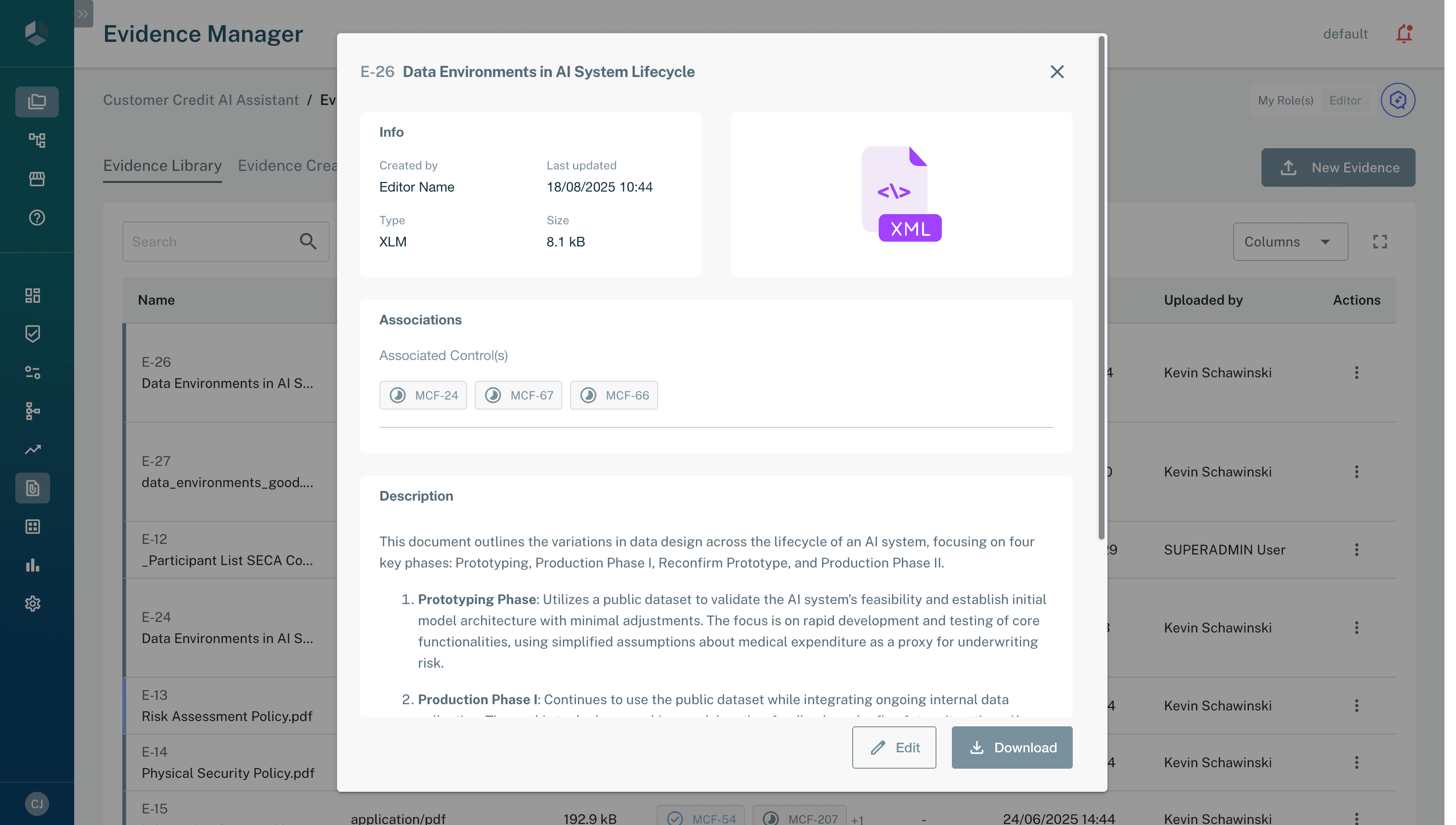 Evidence browser with version history panel