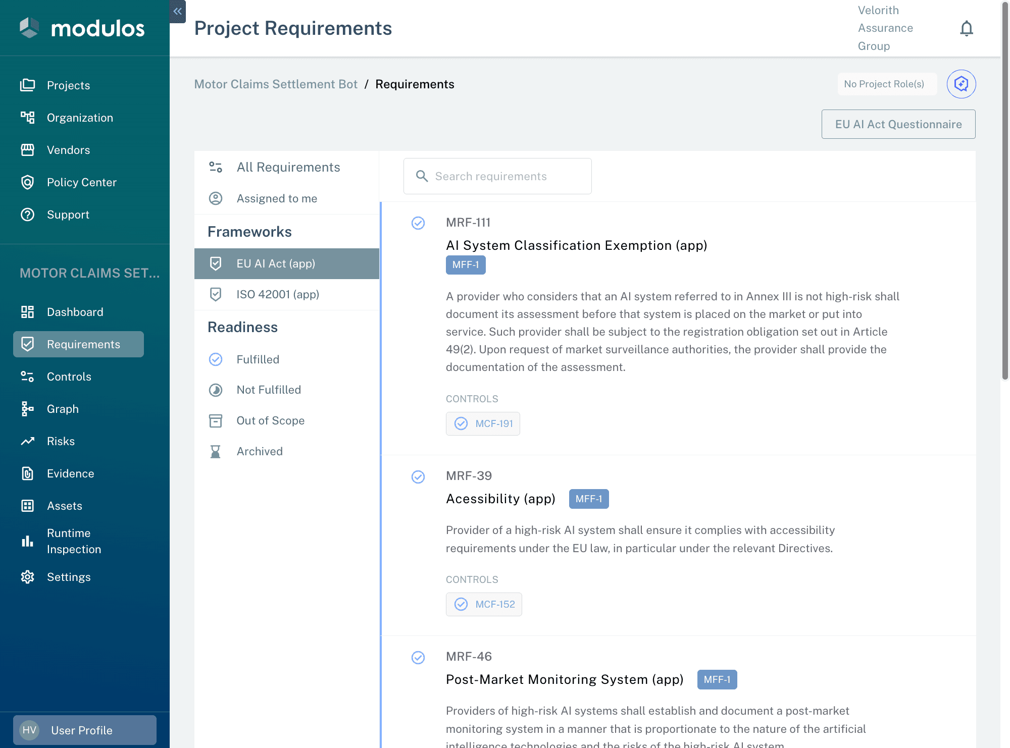 Project requirements view showing EU AI Act compliance with control mappings