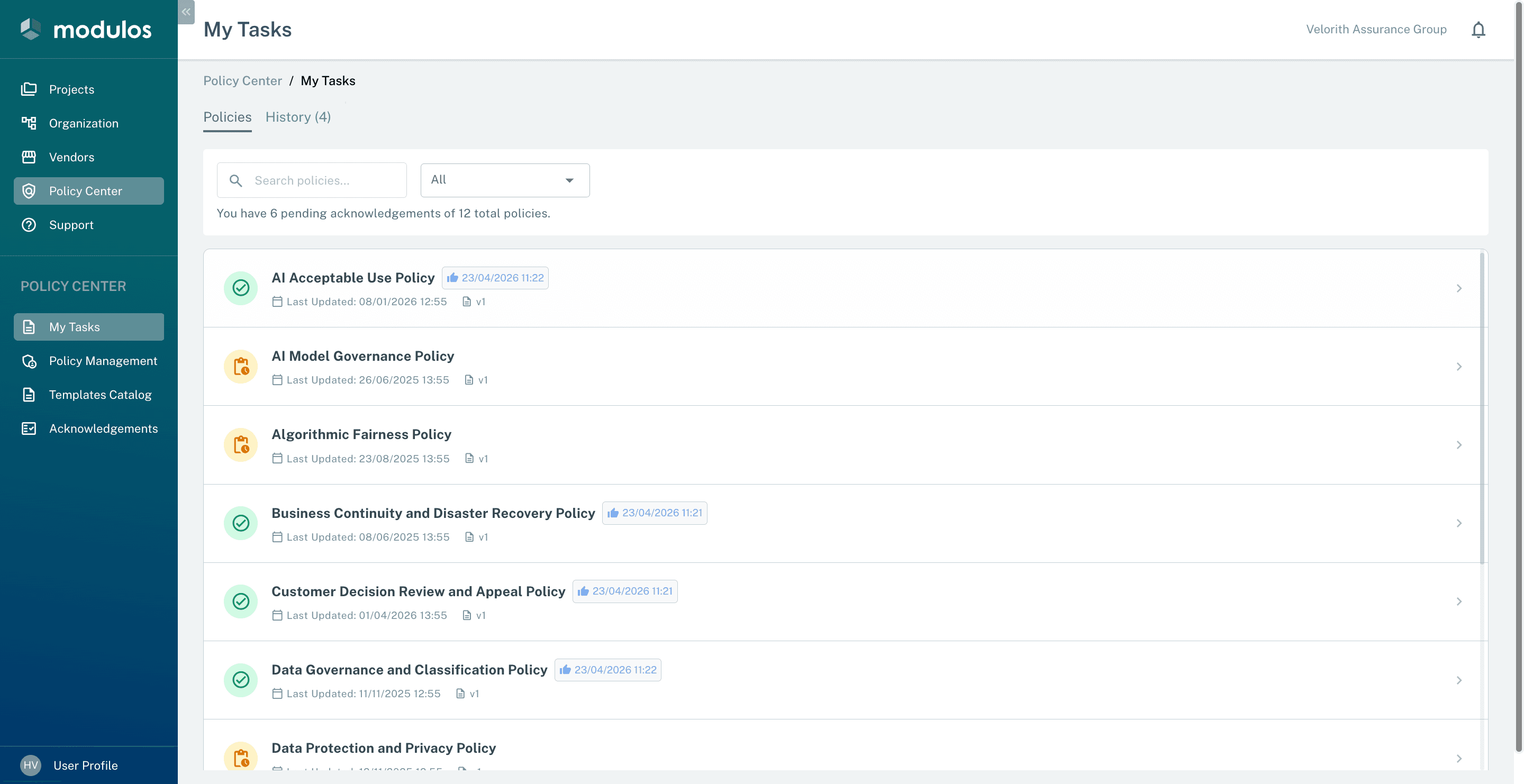 Policy Center showing policy lifecycle and version history