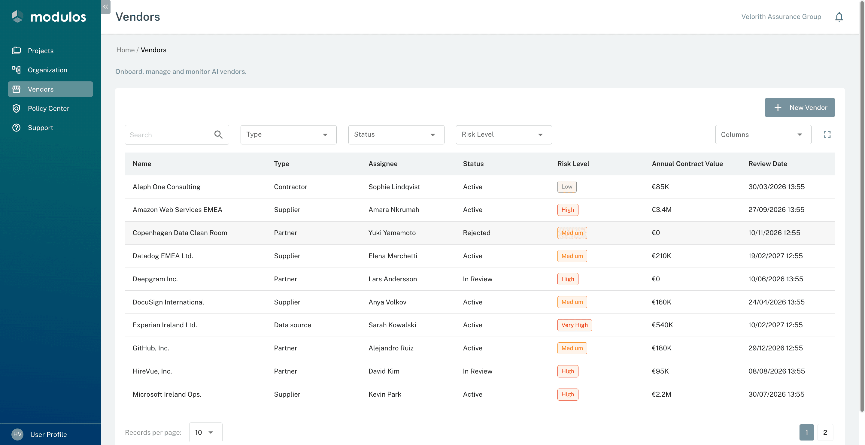 Vendor registry with status and risk level columns