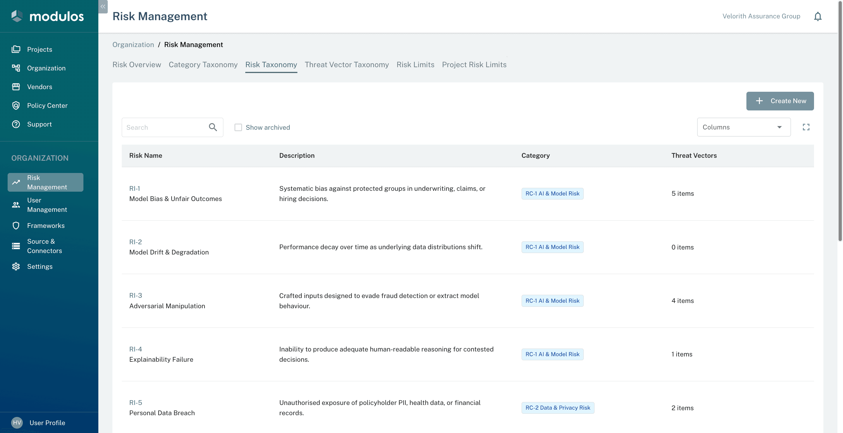 Risk taxonomy browser with category hierarchy