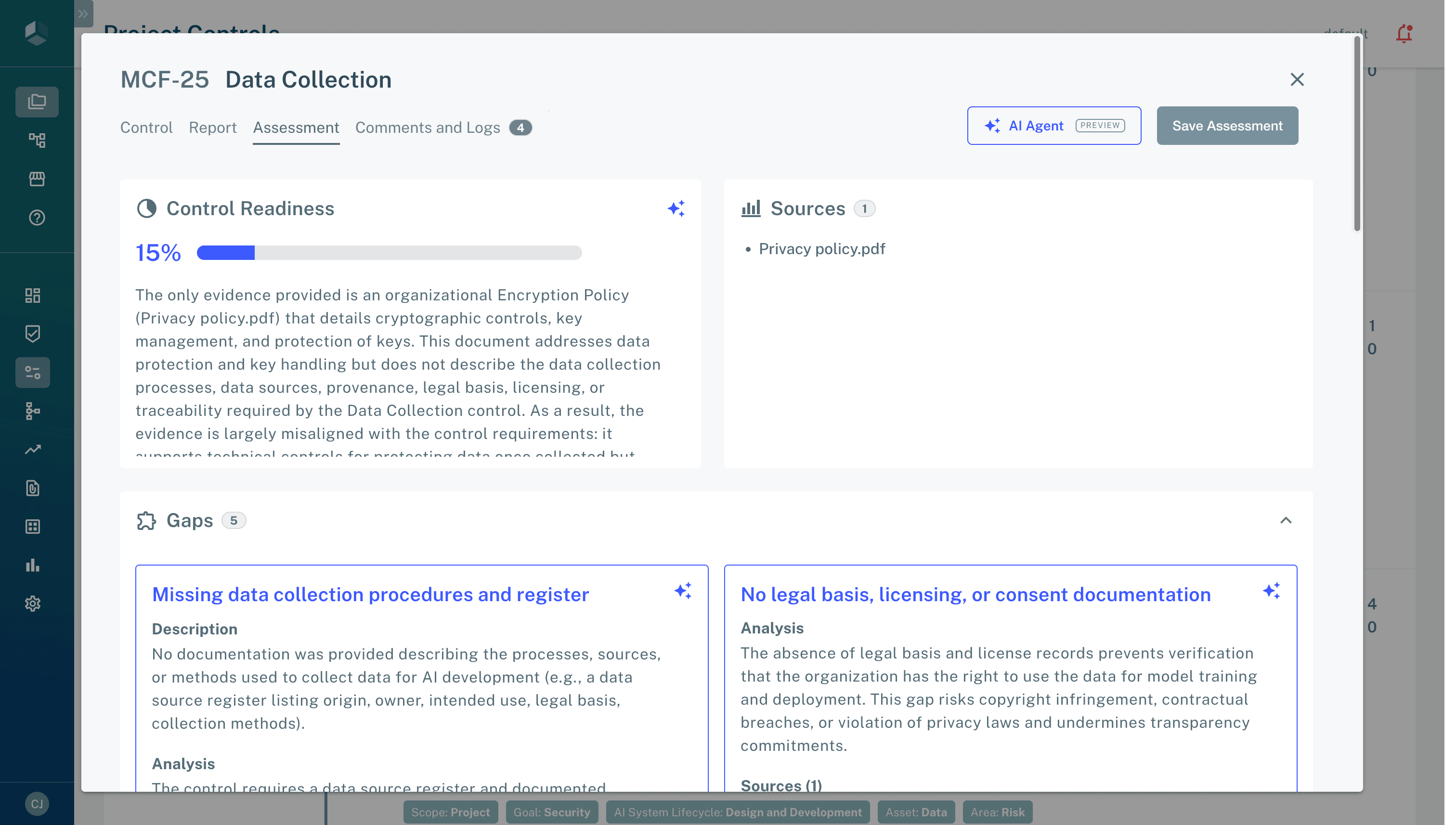 AI-generated control assessment with readiness score
